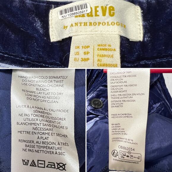 Maeve Anthropologie Velvet Avery Trousers SIZE 6P PETITE Blue Wide Leg Pants - Picture 5 of 10